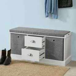 Schlussverkauf 🔥 SoBuy FSR66-HG Sitzkommode Sitzbank Mit Stauraum Schuhbank Mit Sitzfläche Mit 2 Grauen Körben Und 2 Schubladen Weiß BHT Ca.: 100x50x35cm ⭐ -SOBUY SHOP 11942793 3
