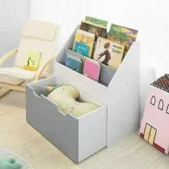 Neu 🌟 SoBuy KMB17-HG Kinder Bücherregal Kinderregal Mit 3 Ablagefächern Und Einer Herausnehmbaren Spielzeugtruhe Aufbewahrungsregal Für Kinder Weiß/Grau BHT Ca.: 63x70x30cm 💯 -SOBUY SHOP 14822395 3