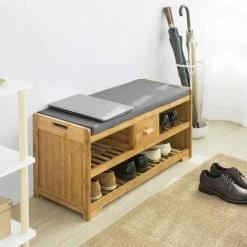 Auslauf 🤩 SoBuy FSR75-N Sitzbank Mit Stauraum Schuhregal Mit 2 Ablagen Und Schublade Garderobenbank Schuhbank Mit Sitzfläche Belastbarkeit 180kg Bambus BHT Ca.: 91x45x34cm 🧨 -SOBUY SHOP 16301678 3