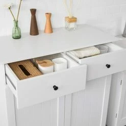 Bestpreis 🔔 SoBuy BZR33-W Wäscheschrank Mit 2 Ausklappbaren Wäschesäcken Wäschetruhe Wäschesammler Mit 2 Schubladen Wäschekorb Badschrank Weiß BHT Ca: 78x90x38cm 👏 -SOBUY SHOP 20969577 4