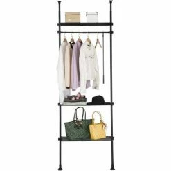 SOBUY SHOP 4 Großhandel ✔️ SoBuy KLS07-SCH Teleskopstange Kleiderständer Mit 1 Kleiderstange Und 3 Ablagen Teleskop Garderoben System Verstellbares Garderobenständer Wandmontage Schwarz B (52-80) X H (233-300) Cm 😍