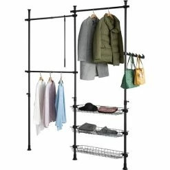 Coupon 😀 SoBuy FRG34-SCH Regalsystem Mit 3 Kleiderstangen Und 3 Körben Teleskop Garderoben System Verstellbares Ordnungssystem Wandmontage Schwarz 🧨