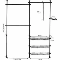 Coupon 😀 SoBuy FRG34-SCH Regalsystem Mit 3 Kleiderstangen Und 3 Körben Teleskop Garderoben System Verstellbares Ordnungssystem Wandmontage Schwarz 🧨 -SOBUY SHOP 32713244 5