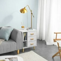 Brandneu 🌟 SoBuy FBT95-W Nachttisch Mit 3 Schubladen Und 2 Offenen Fächern Sofatisch Beistelltisch Telefontisch Nachtschrank Nachtkommode BHT Ca.: 48x60x40cm 👍 -SOBUY SHOP 51327531 3