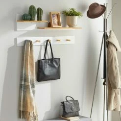 Billig 😍 SoBuy FHK21-WN 2-teilige Wandgarderobe Mit Ablagen Und 5 Haken Wandregal Flurgarderobe Kleiderhaken Hängeregal Garderobe Weiß-natur 💯 -SOBUY SHOP 51327615 2