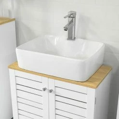 Bestpreis 🛒 SoBuy BZR40-W Waschbeckenunterschrank Mit Lamellentüren Badschrank Waschtisch Unterschrank Badmöbel Weiß-Natur BHT Ca: 60x59x30cm 🛒 -SOBUY SHOP 51327793 3
