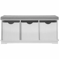 Bestpreis 👍 SoBuy FSR30-W Spielzeugkiste Spieltruhe Garderobenbank Sitzkommode Mit 3 Körben Sitzbank Mit Sitzfläche BHT Ca: 100x46x36cm 💯