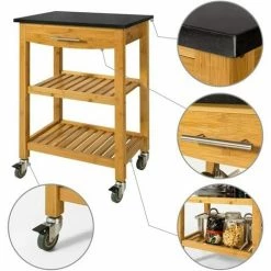 Am billigsten 🔔 SoBuy FKW28-SCH Servierwagen Mit Schublade Und 2 Ablagen Küchenwagen Küchenregal Aus Bambus Mit Granitarbeitsplatte Rollwagen BHT Ca.: 58x85x40cm 😀 -SOBUY SHOP 5171823 4