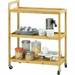 Rabatt 🔔 SoBuy FKW34-B-N Servierwagen Mit DREI Ablagen Küchenwagen Küchenregal Rollwagen Teewagen Bambus BHT Ca.: 58x76x30cm (mit Griff) ⌛