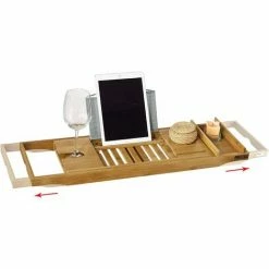 Besorgen 🌟 SoBuy FRG207-N Badewannenablage Aus Bambus Badewannenbrett Mit Buchstütze, Wein Glashalter Und Seifenfach, Ausziehbares Badewannenauflage BHT Ca: (70-104cm) X4x22cm 💯