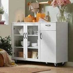 Brandneu 🎁 SoBuy FSB57-W Sideboard Auf Rollen Kommode Küchenwagen Küchenschrank Rollwagen Aufbewahrungsschrank Küchekommode Küchentrolley Weiß BHT Ca.: 116x86x40cm 🤩 -SOBUY SHOP 52565110 4