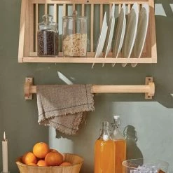 Neu 🔥 SoBuy KCR11-N Tellerhalter Für 22 Teller Tellerregal Mit 2 Ablagen Wandregal Mit Einem Handtuchhalter Tellerständer Küchenregal Kautschukholz Natur BHT Ca.: 58x67x26cm 🔔 -SOBUY SHOP 53616202 3