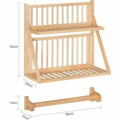 Neu 🔥 SoBuy KCR11-N Tellerhalter Für 22 Teller Tellerregal Mit 2 Ablagen Wandregal Mit Einem Handtuchhalter Tellerständer Küchenregal Kautschukholz Natur BHT Ca.: 58x67x26cm 🔔 -SOBUY SHOP 53616202 5