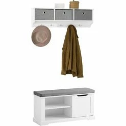 Bestes Angebot 🧨 SoBuy Wandgarderobe-Set Flurset Flurmöbel Schuhbank Mit Sitzfläche Flurgarderobe FSR84-W+FRG282-W 🧨