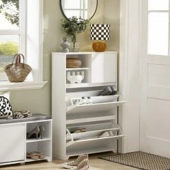 Bestpreis 👍 SoBuy FSR111-W Schuhablagen Mit 2 Klappen, 2 Offenen Fächern Und 1 Tür Schuhkipper Schuhschrank Schmal Schuhregal Schuhkommode Weiß BHT Ca.: 71x111x24cm ⌛ -SOBUY SHOP 60600846 3