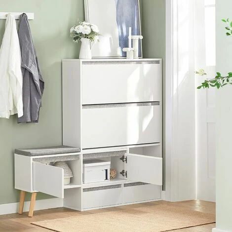 SoBuy FSR134-W Schuhkipper Schuhablage mit 2 Klappen, 2 Türen und 2 Schubladen Flurschrank Schuhschrank mit Sitzbank Schuhbank mit Sitzfläche BHT ca.: (92-124) x115x24cm Großhandel 🔔 SoBuy FSR134-W Schuhkipper Schuhablage Mit 2 Klappen, 2 Türen Und 2 Schubladen Flurschrank Schuhschrank Mit Sitzbank Schuhbank Mit Sitzfläche BHT Ca.: (92-124) X115x24cm 🎉 -SOBUY SHOP 71477583 3